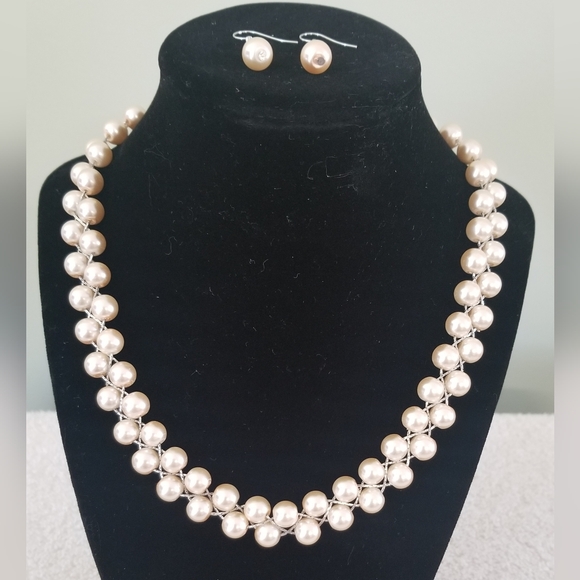Jewelry - Classic Double Strand Faux Pearl Vintage Zigzag Design Necklace With Earrings